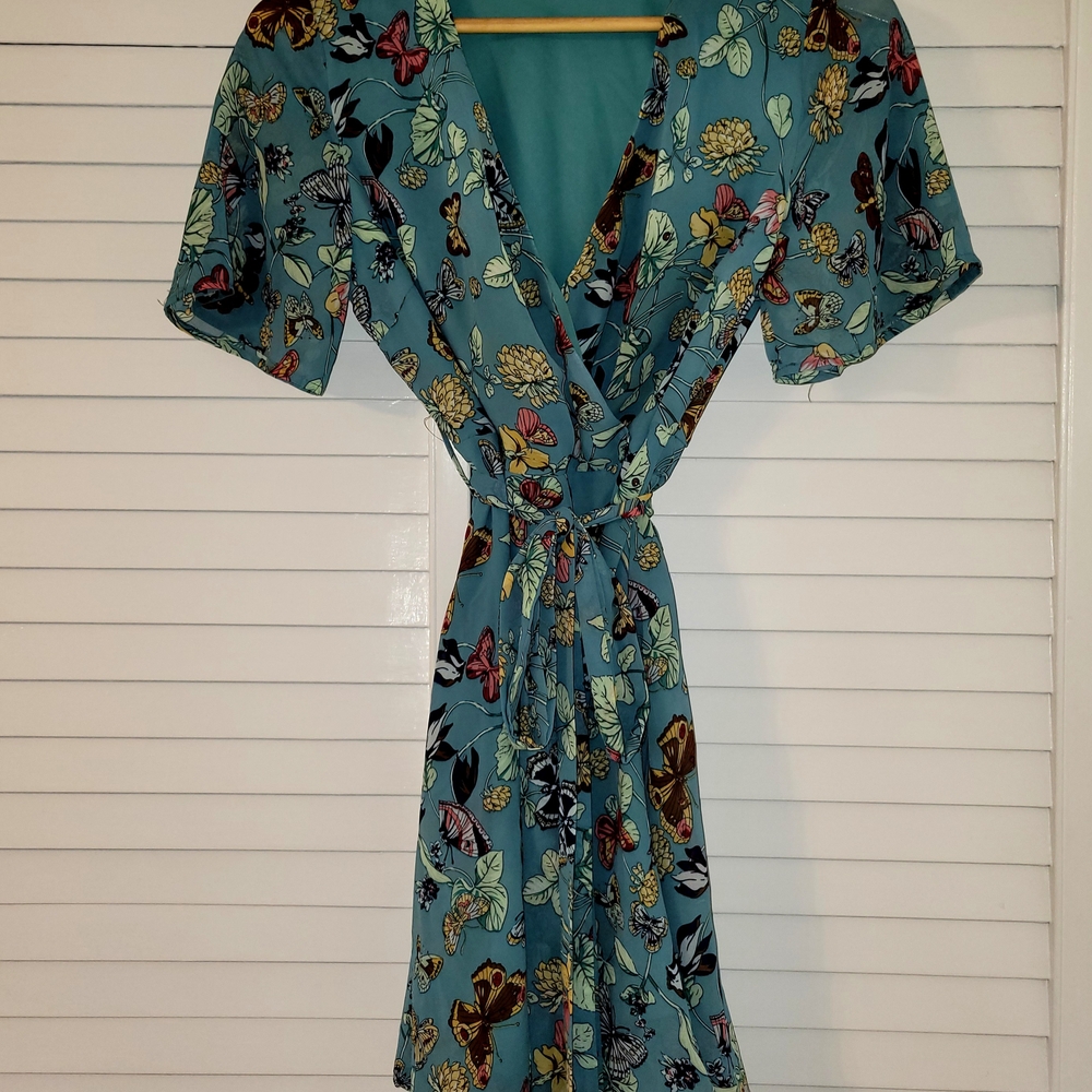 Teal Floral Butterfly Wrap Dress